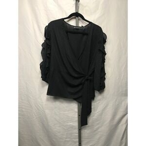 NY and Company Black Dot Ruffle Sleeve Wrap Top XL